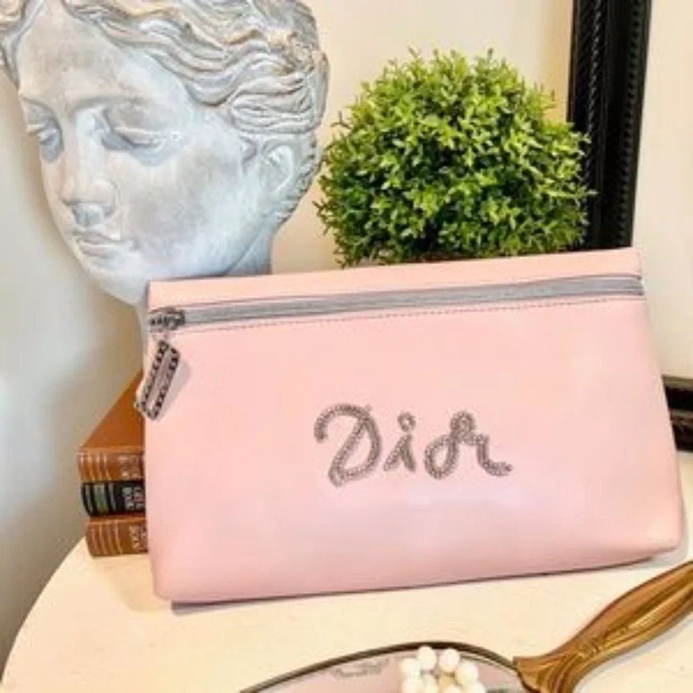 Dior Pink Clutch Zipper Pouch with Beaded Dior Logo